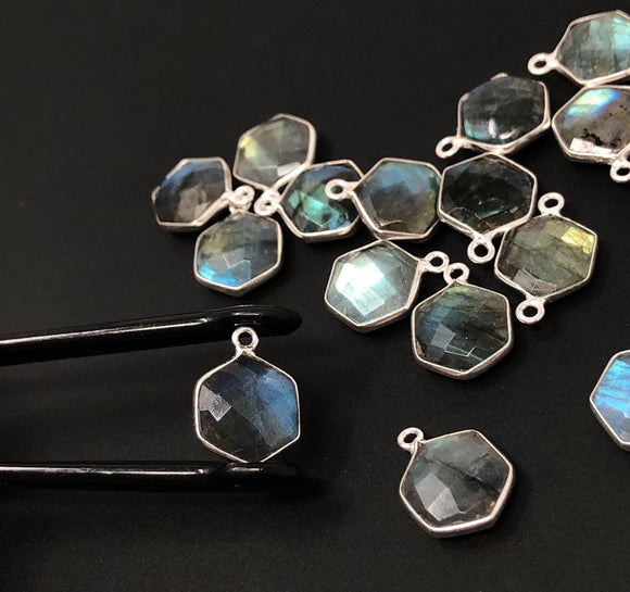7Pcs Labradorite Gemstone Charms, Sterling Silver Briolette Charms , Wholesale Jewelry Making Supplies, 16.25x12.5mm