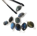 Labradorite gemstone connectors showing double loop sterling silver setting for jewelry making
