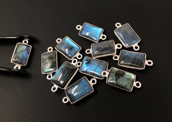 Labradorite Gemstone Connector, Sterling Silver Connectors Charms, Jewelry Findings for DIY Jewelry Making, 20x9mm, 5Pcs