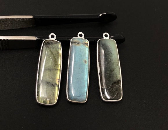 3 Pcs Labradorite Gemstone Charms, Sterling Silver Bar Charms, Wholesale Jewelry Findings for Jewelry Making, Briolette Charms, 31.75x10.5mm