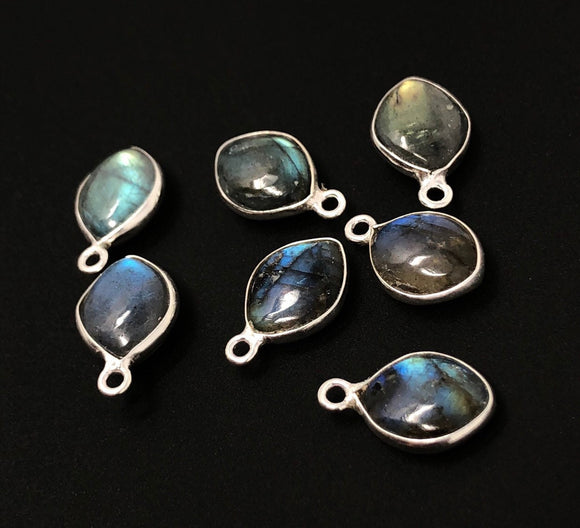 7 Pcs Labradorite Gemstone Charms, Sterling Silver Briolette Charms, Wholesale Jewelry Findings, Jewelry Making, Jewelry Supplies, 15.5x10mm