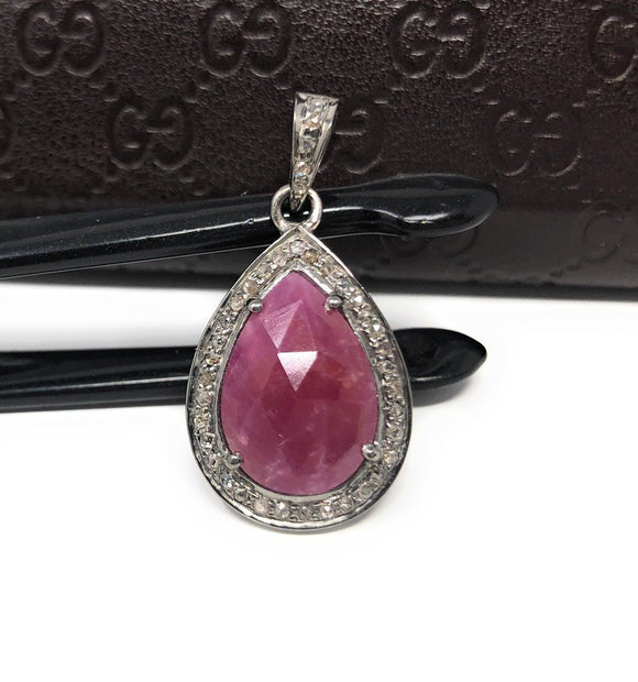 Sterling Silver Pink Sapphire Diamond Pendant, Gemstone Pendant, Pave Diamond Pendant, Natural Sapphire Gemstone Jewelry, Gifts for Her