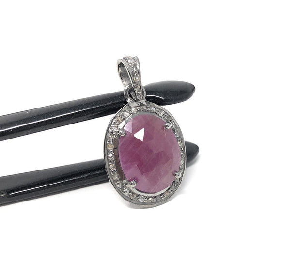 Pink Sapphire Healing Crystal Gemstone Pendant, Spiritual Jewelry, Pave Diamond Pendant, September Birthstone Heart Chakra Jewelry Gifts