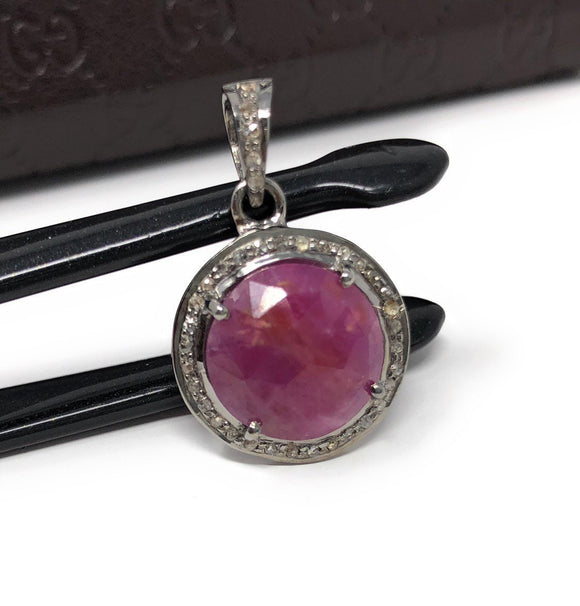 Sterling Silver Pink Sapphire Diamond Pendant, Gemstone Pendant, Pave Diamond Pendant, Natural Sapphire Gemstone Jewelry, Gifts for Her