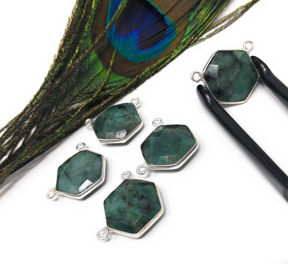 Natural Emerald Gemstone Connector, Sterling Silver Connectors, Wholesale Jewelry Findings for Jewelry Making, Jewelry Supplies, 16.5mmx20mm