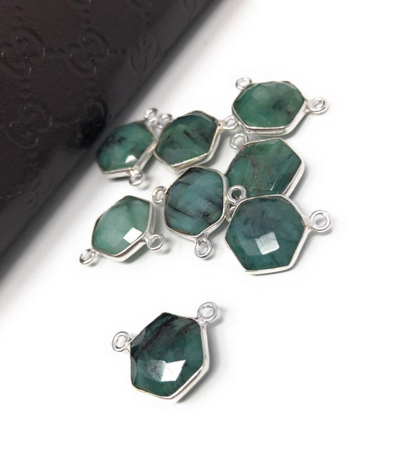 Natural Emerald Gemstone Connector, Sterling Silver Connectors, Wholesale Jewelry Findings for Jewelry Making, Jewelry Supplies, 13.5x17.5mm