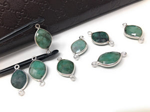 Wholesale 4 Pcs Natural Emerald Gemstone Connector, Sterling Silver Connectors, Jewelry Findings for Jewelry Making, Bulk Jewelry Supplies