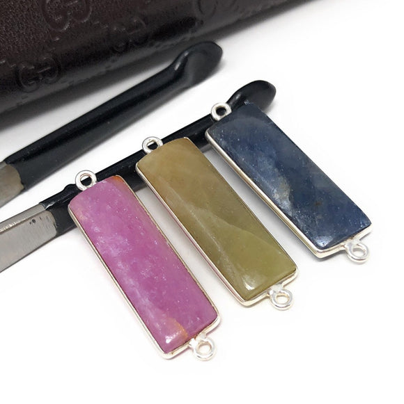 Silver Gemstone Bar Connectors, Natural Sapphire Briolette Double Loop Charms, Jewelry Supplies, Jewelry Findings, 36.5mmX10mm, 1 Pc