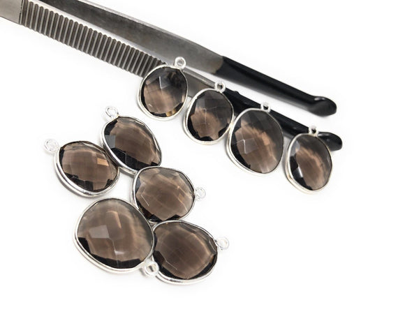 5Pcs Smokey Quartz Charms, Sterling Silver Gemstone Charms, Wholesale Jewelry Supplies for DIY Jewelry Making, Bulk Lot Charms