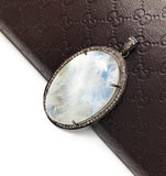 Moonstone Pendant, Gemstone Pendant, Diamond Pendant, Silver Pendant, Pave Diamond Pendant, Oxidized Silver Rainbow Moonstone Pendant