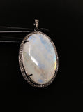 Moonstone Pendant, Gemstone Pendant, Diamond Pendant, Silver Pendant, Pave Diamond Pendant, Oxidized Silver Rainbow Moonstone Pendant