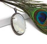 Moonstone Pendant, Gemstone Pendant, Diamond Pendant, Silver Pendant, Pave Diamond Pendant, Oxidized Silver Rainbow Moonstone Pendant