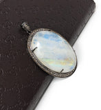 Moonstone Pendant, Gemstone Pendant, Diamond Pendant, Silver Pendant, Pave Diamond Pendant, Oxidized Silver Rainbow Moonstone Pendant
