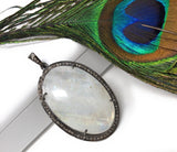 Moonstone Pendant, Gemstone Pendant, Diamond Pendant, Silver Pendant, Pave Diamond Pendant, Oxidized Silver Rainbow Moonstone Pendant