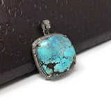 Turquoise Pave Diamond Pendant, Tibetan Turquoise Pendant, Spiritual Healing Gemstone Jewelry, Throat Chakra Pendant, December Birthstone