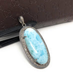 Larimar Gemstone Pendant, Larimar Pave Diamond Pendant, Spiritual Healing Crystal Pendant, Chakra Jewelry, Silver Handmade Jewelry Gifts