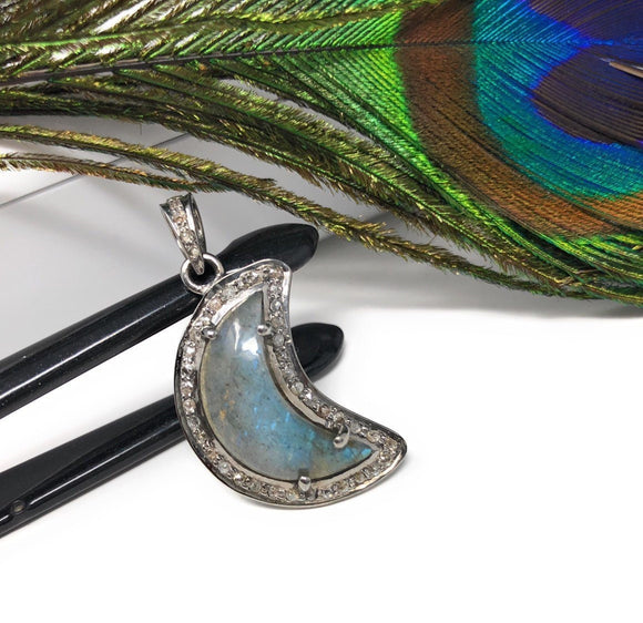 Labradorite Pendant, Gemstone Pendant, Diamond Pendant, Silver Pendant, Moon Shape Labradorite Diamond Pendant, Sterling Silver Jewelry