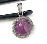 Pink Sapphire Pendant, Diamond Pendant, Silver Gemstone Pendant, Pave Diamond Pendant, Sterling Silver Pendant, Natural Sapphire Jewelry