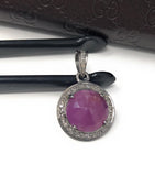 Pink Sapphire Pendant, Diamond Pendant, Silver Gemstone Pendant, Pave Diamond Pendant, Sterling Silver Pendant, Natural Sapphire Jewelry