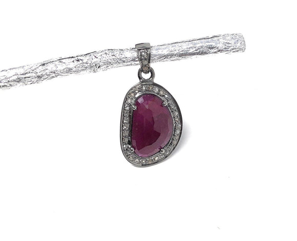 Natural Ruby Pendant, Diamond Pendant, Silver Gemstone Pendant, Pave Diamond Pendant, Sterling Silver Pendant, Genuine Ruby Jewelry