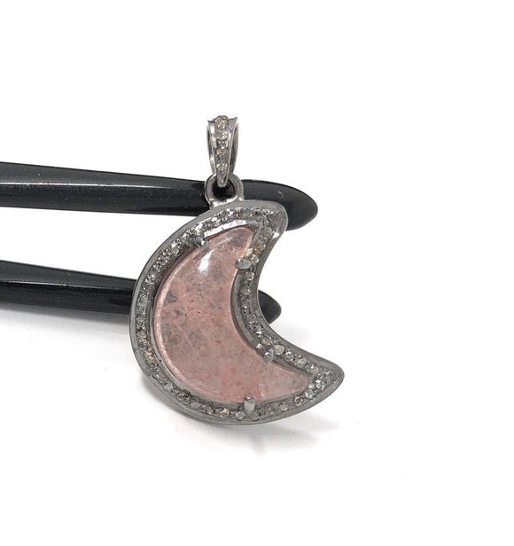 Strawberry Quartz Pendant, Gemstone Pendant, Diamond Pendant, Silver Pendant, Moon Crescent Diamond Pendant, Sterling Silver Moon Jewelry