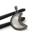 White Moonstone Gemstone Pendant, Moon Crescent Silver Diamond Pendant, Spiritual Healing Crystal Jewelry, Chakra Jewelry, June Birthstone