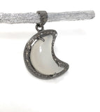 White Moonstone Gemstone Pendant, Moon Crescent Silver Diamond Pendant, Spiritual Healing Crystal Jewelry, Chakra Jewelry, June Birthstone