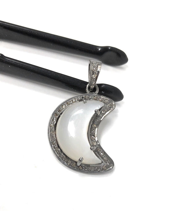 White Moonstone Pendant, Gemstone Pendant, Diamond Pendant, Silver Pendant, Moon Crescent Diamond Pendant, Sterling Silver Moonstone Jewelry
