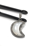 White Moonstone Pendant, Gemstone Pendant, Diamond Pendant, Silver Pendant, Moon Crescent Diamond Pendant, Sterling Silver Moonstone Jewelry