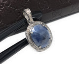 Natural Blue Sapphire Pendant, Silver Pave Diamond Chakra Healing Pendant, Spiritual Crystal Jewelry, September Birthstone Gemstone Jewelry