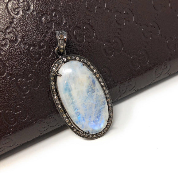Rainbow Moonstone Gemstone Pendant, Diamond Pendant, Silver Pendant, Pave Diamond Pendant, Moonstone Pendant, Sterling Silver Jewelry