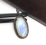 Rainbow Moonstone Gemstone Pendant, Diamond Pendant, Silver Pendant, Pave Diamond Pendant, Moonstone Pendant, Sterling Silver Jewelry