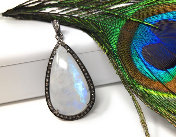 Rainbow Moonstone Gemstone Pendant, Oxidized Silver Diamond Pendant, Pave Diamond Jewelry, Wholesale Gemstone Pendant