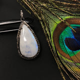 Rainbow Moonstone Gemstone Pendant, Oxidized Silver Diamond Pendant, Pave Diamond Jewelry, Wholesale Gemstone Pendant