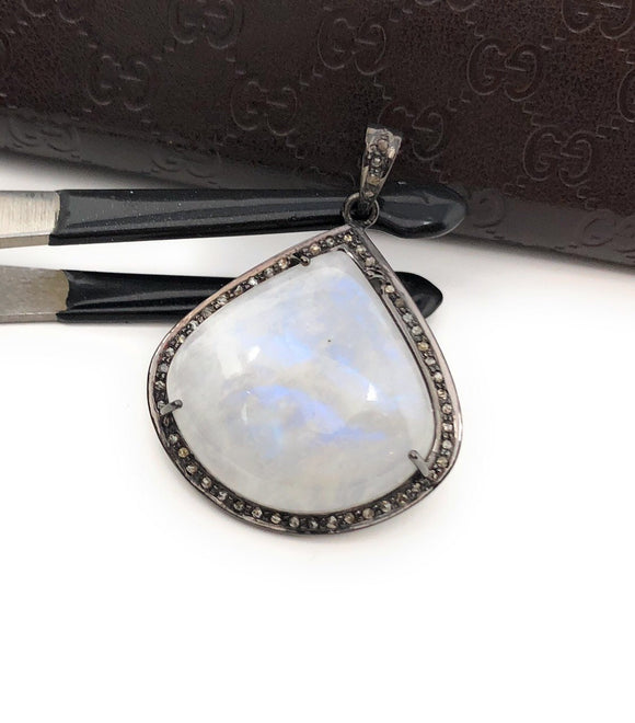 Rainbow Moonstone Gemstone Pendant, Oxidized Sterling Silver Diamond Pendant, Pave Diamond Jewelry, Wholesale Gemstone Pendant