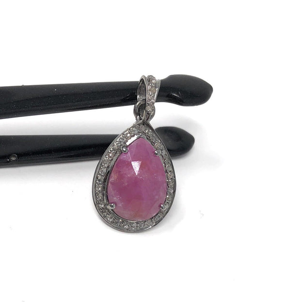 Sterling Silver Pink Sapphire Diamond Pendant, Gemstone Pendant, Pave Diamond Pendant, Natural Sapphire Gemstone Jewelry, Gifts for Her