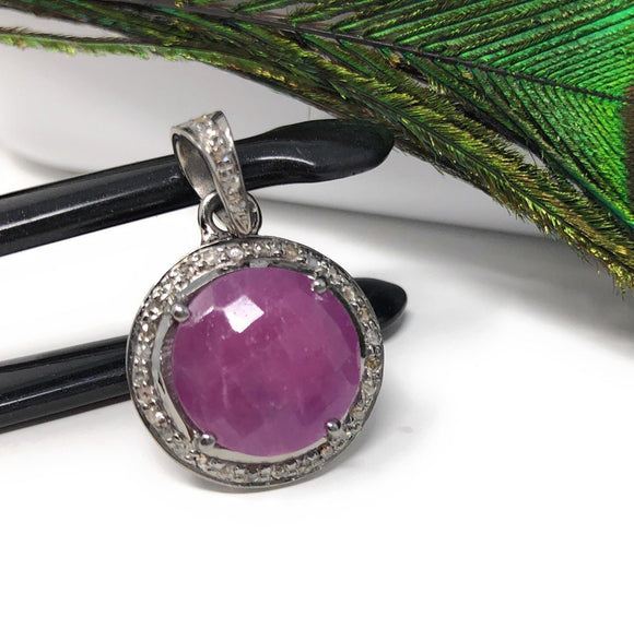 Sterling Silver Pink Sapphire Diamond Pendant, Gemstone Pendant, Pave Diamond Pendant, Natural Sapphire Gemstone Jewelry, Gifts for Her