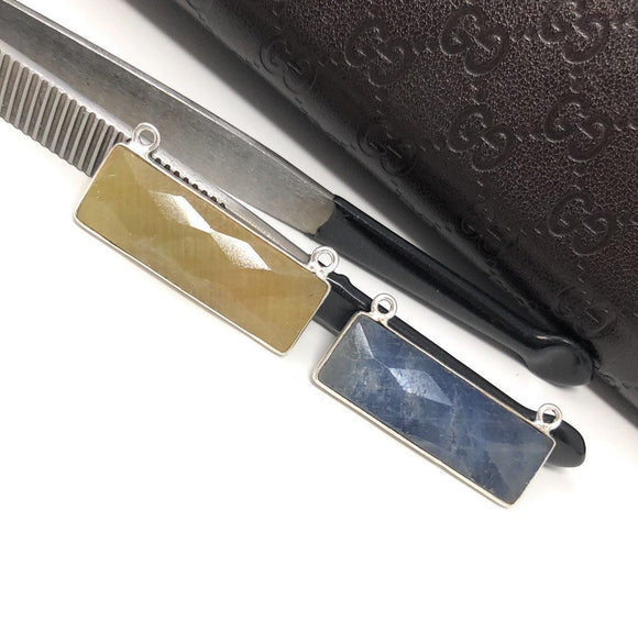 Sterling Silver Sapphire Gemstone Bar Connectors, Gemstone Briolette Double Loop Charms, Jewelry Supplies, Jewelry Findings, 36.5mmX10mm