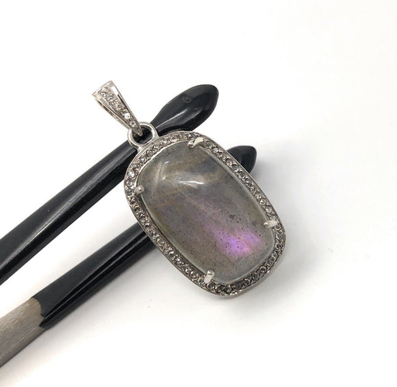 Labradorite Pendant, Gemstone Pendant, Diamond Pendant, Sterling Silver Pave Diamond Jewelry, Purple Flash Labradorite, Gifts for Her