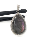 Labradorite Pendant, Gemstone Pendant, Diamond Pendant, Sterling Silver Pave Diamond Jewelry, Purple Flash Labradorite, Gifts for Her
