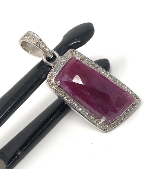 Natural Ruby Diamond Pendant, Gemstone Pendant, Sterling Silver Pendant, Pave Diamond Pendant, Genuine Ruby Jewelry Gifts for Her
