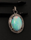 Ethiopian Opal Pendant, Gemstone Pendant, Diamond Pendant, Oxidized Sterling Silver Opal Pendant, Pave Diamond Jewelry, Gifts for Her