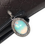 Ethiopian Opal Pendant, Gemstone Pendant, Diamond Pendant, Oxidized Sterling Silver Opal Pendant, Pave Diamond Jewelry, Gifts for Her