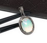 Ethiopian Opal Pendant, Gemstone Pendant, Diamond Pendant, Oxidized Sterling Silver Opal Pendant, Pave Diamond Jewelry, Gifts for Her