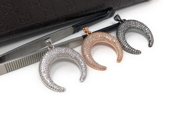 CZ Micro Pave Double Horn Pendant, Moon Crescent Pendants, Jewelry Supplies, Jewelry Findings, Micro Pave Pendants, DIY Jewelry, 1 Pc