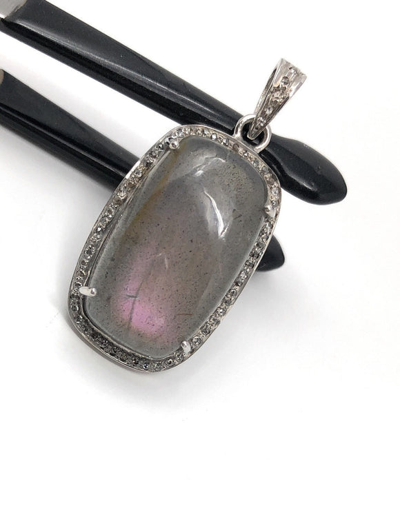 Labradorite Pendant, Gemstone Pendant, Diamond Pendant, Sterling Silver Pave Diamond Jewelry, Purple Flash Labradorite, Gifts for Her