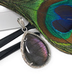 Labradorite Pendant, Gemstone Pendant, Diamond Pendant, Sterling Silver Pave Diamond Jewelry, Purple Flash Labradorite, Gifts for Her