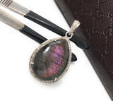 Labradorite Pendant, Gemstone Pendant, Diamond Pendant, Sterling Silver Pave Diamond Jewelry, Purple Flash Labradorite, Gifts for Her