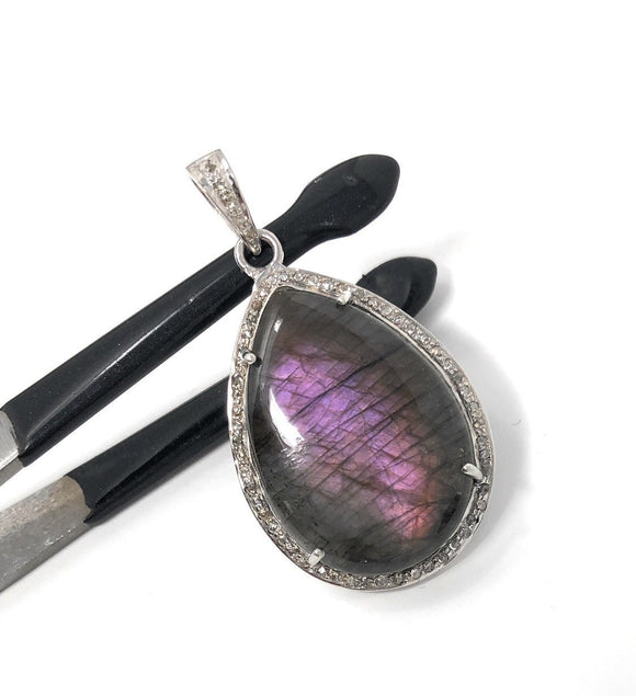 Labradorite Pendant, Gemstone Pendant, Diamond Pendant, Sterling Silver Pave Diamond Jewelry, Purple Flash Labradorite, Gifts for Her