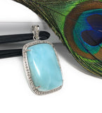 Larimar Gemstone Pendant, Larimar Pave Diamond Sterling Silver Pendant, Spiritual Healing Energy Pendant Chakra Jewelry, December Birthstone